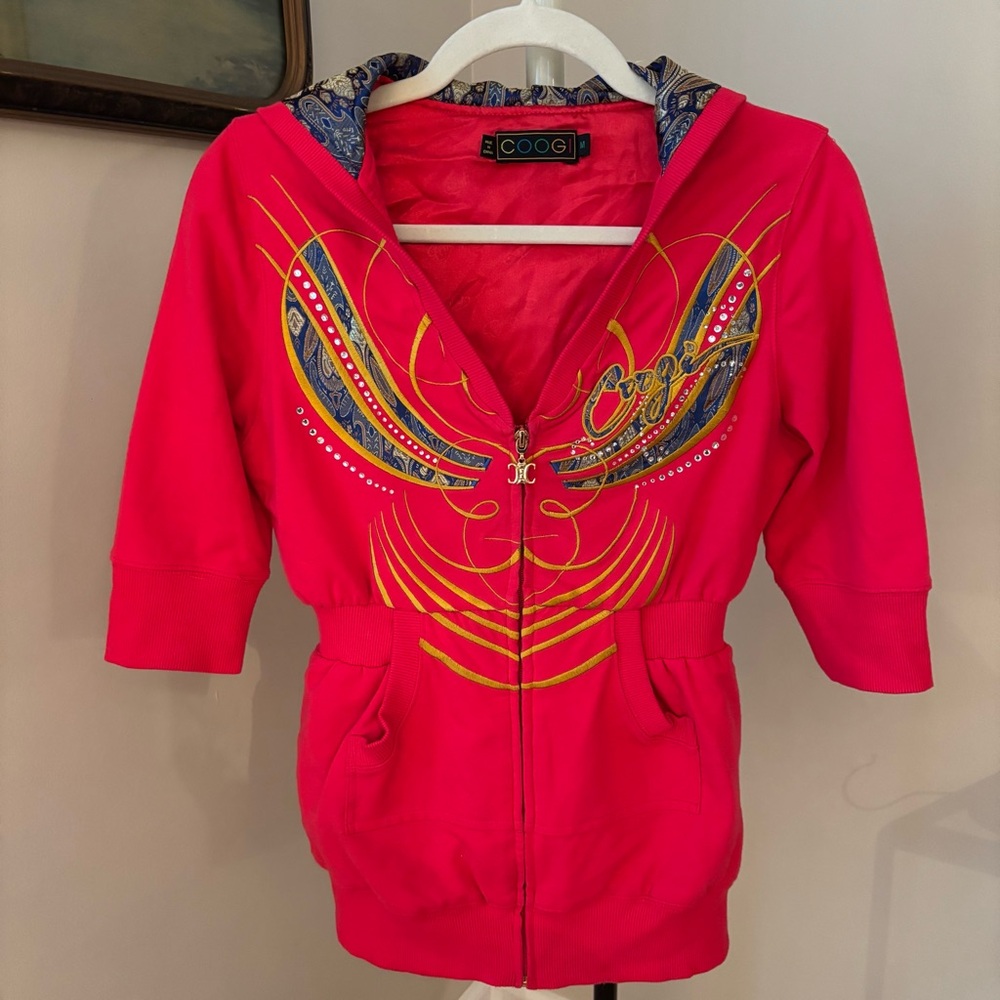COOGI Vintage Y2K Red Rhinestone Embellished Zip Up Hoodie Size Medium